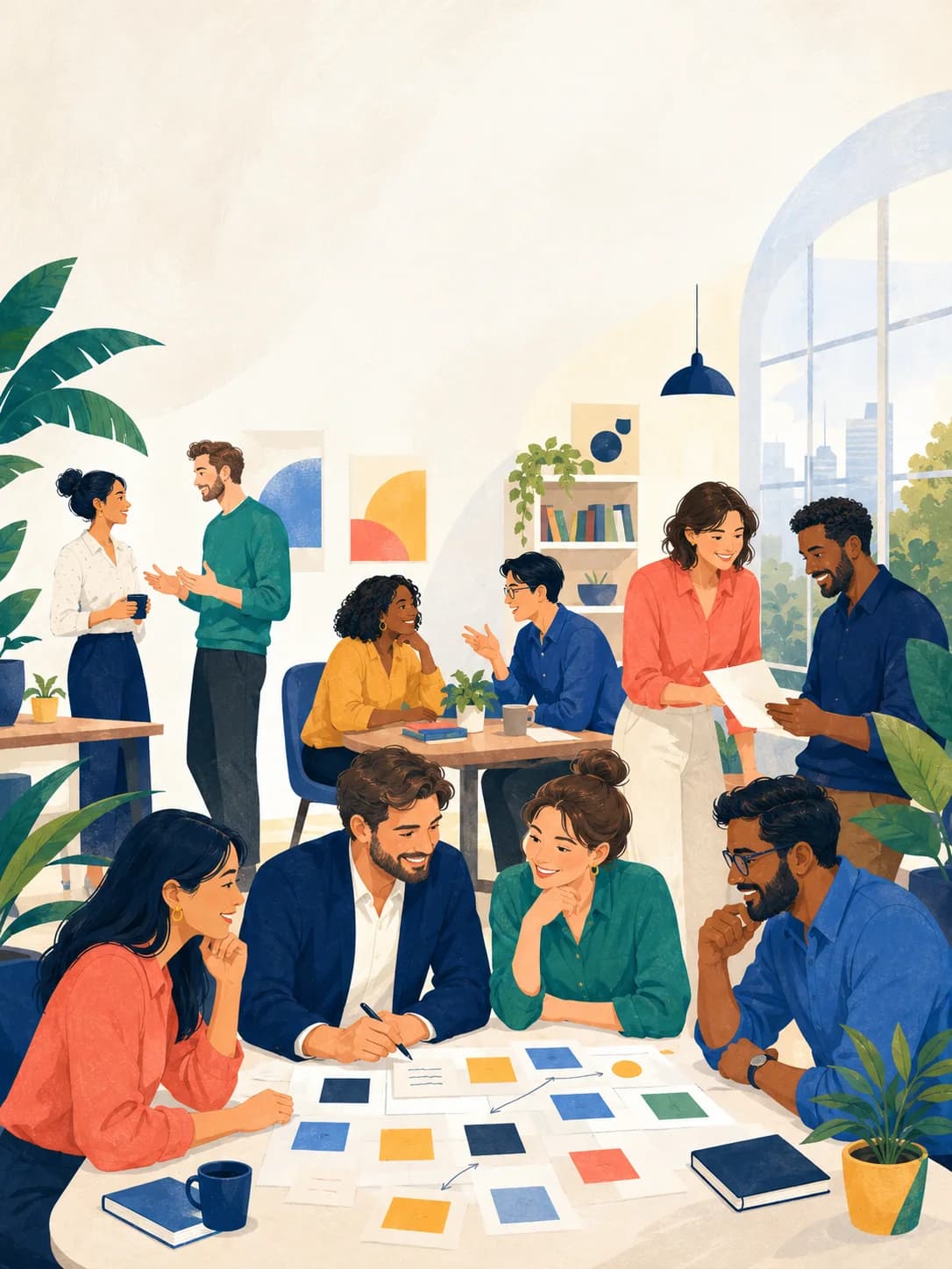 A diverse team collaborating in a bright office